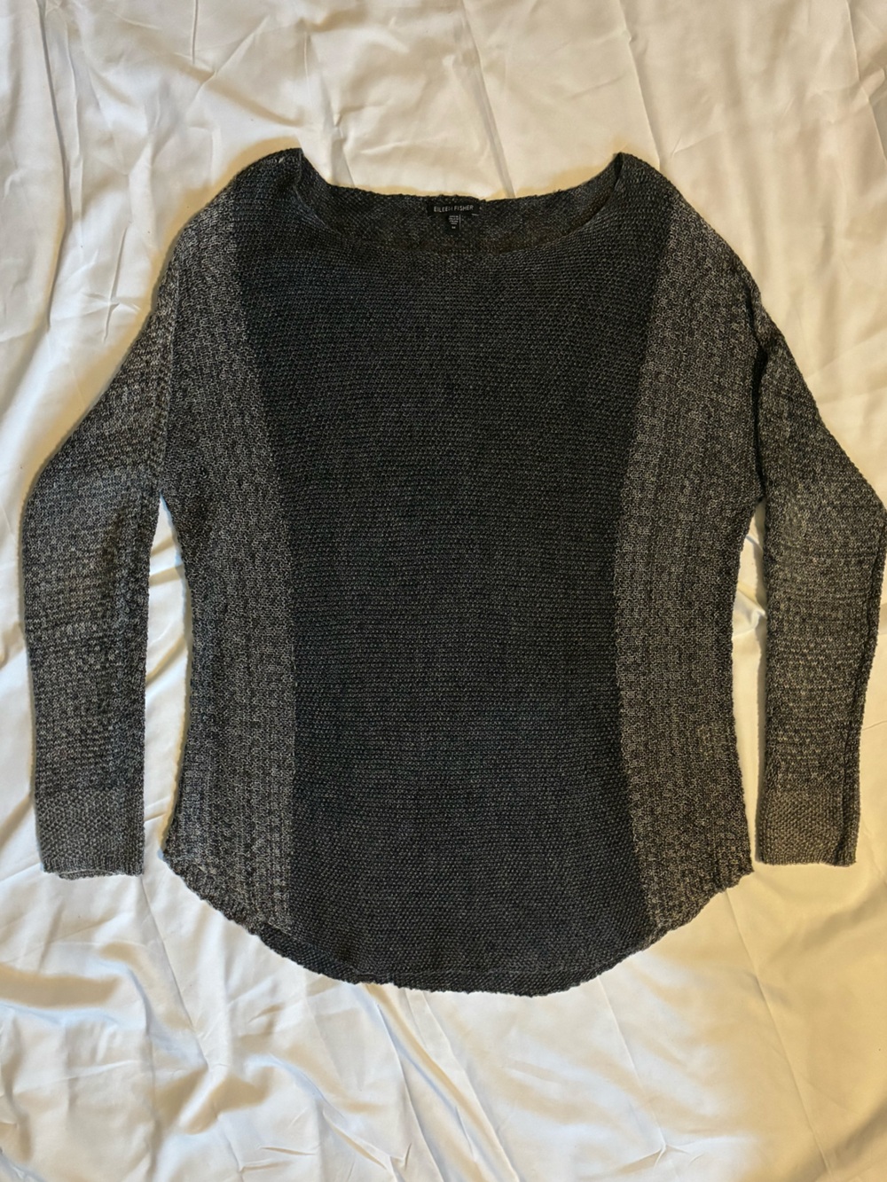 100% linen Eileen Fisher Two-Tone Charcoal & Heather Gray Knit Scoopneck Sweater